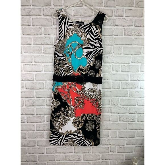 Fraklyman Women's Black Multi Colored Abstract Spiral Belt Mini Dress Size 10 - Picture 2 of 9